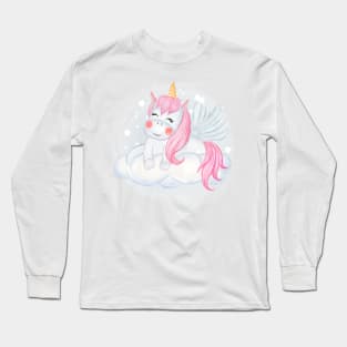 cute unicorns sitting on the clouds watercolor illustration Long Sleeve T-Shirt